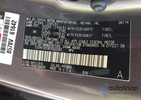 2014 Toyota Sienna Xle V6 8 Passenger from USA, damaged, VIN 5TDYK3DC8ES502097
